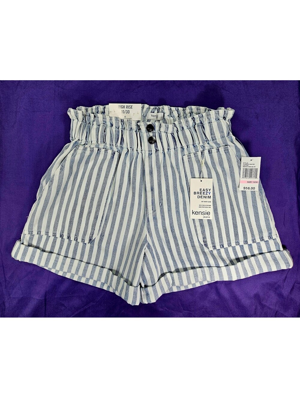 Kensie The High Rise Striped Denim 100% Cotton Shorts. Size 10. NWT